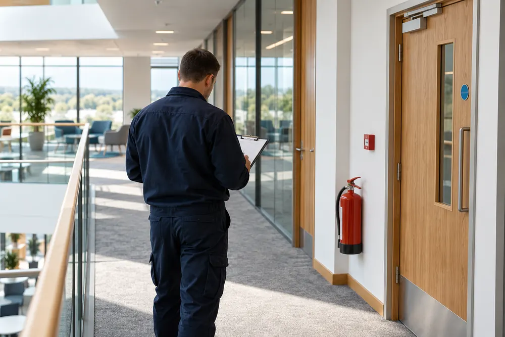 Fire safety assessor reviewing a commercial office corridor