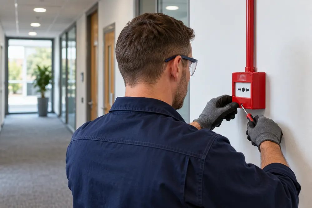 Engineer installing a red fire alarm call point in a commercial corridor