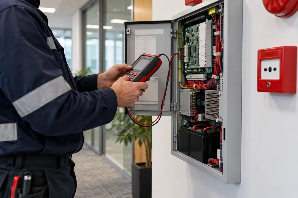 Engineer checking a commercial fire alarm control cabinet with a test device